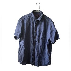 Untuckit Button‎ Up Shirt Men XL Blue Solid Linen Short Sleeve Wrinkle Resistant